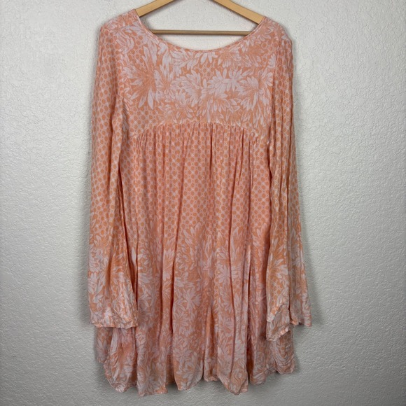 Free People Women's Boho Peasant‎ Tunic SZ Medium Coral Pink Floral Flowy Resort - Picture 7 of 9